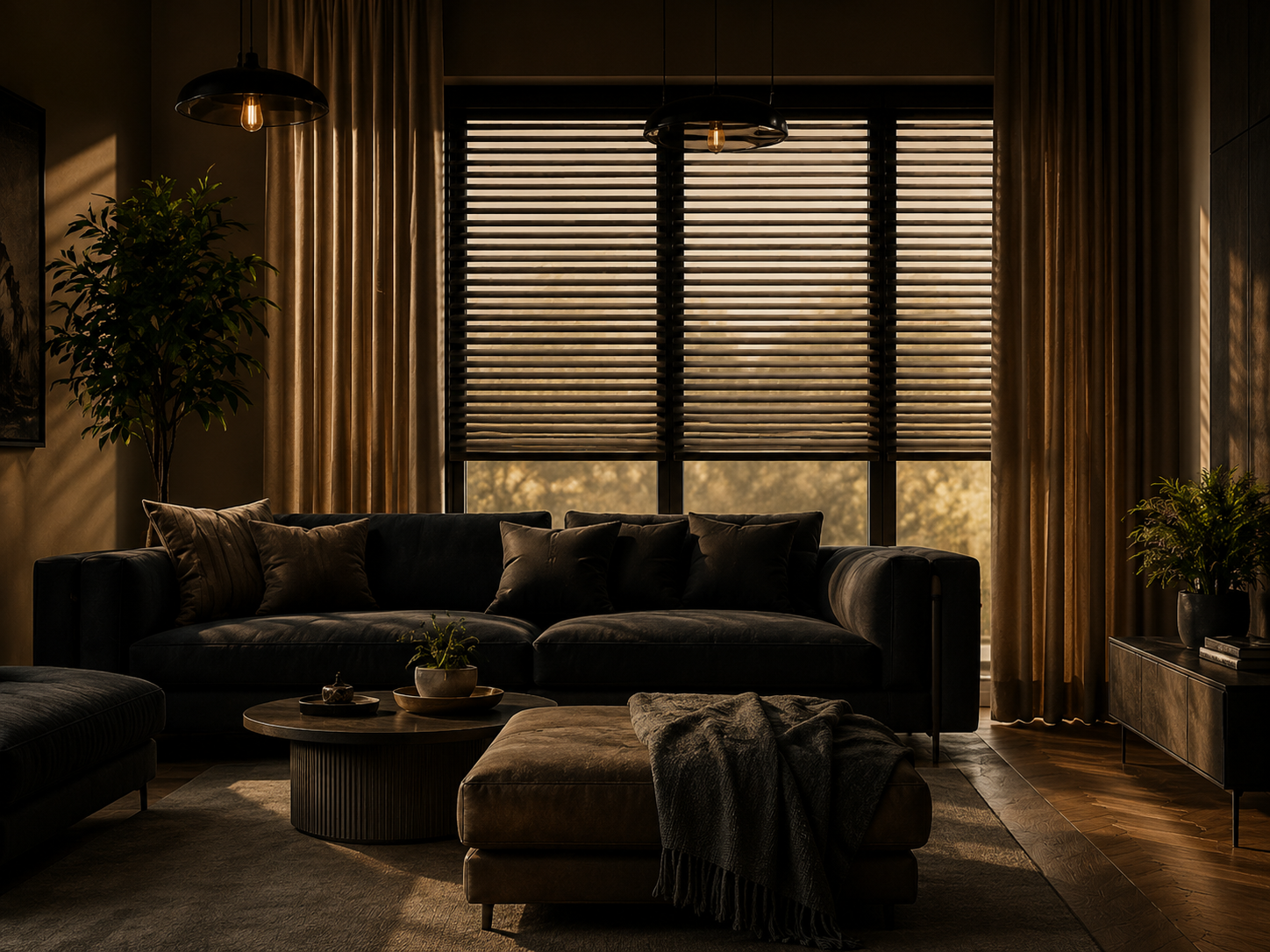 Elegant Bradford living room with blinds and curtains