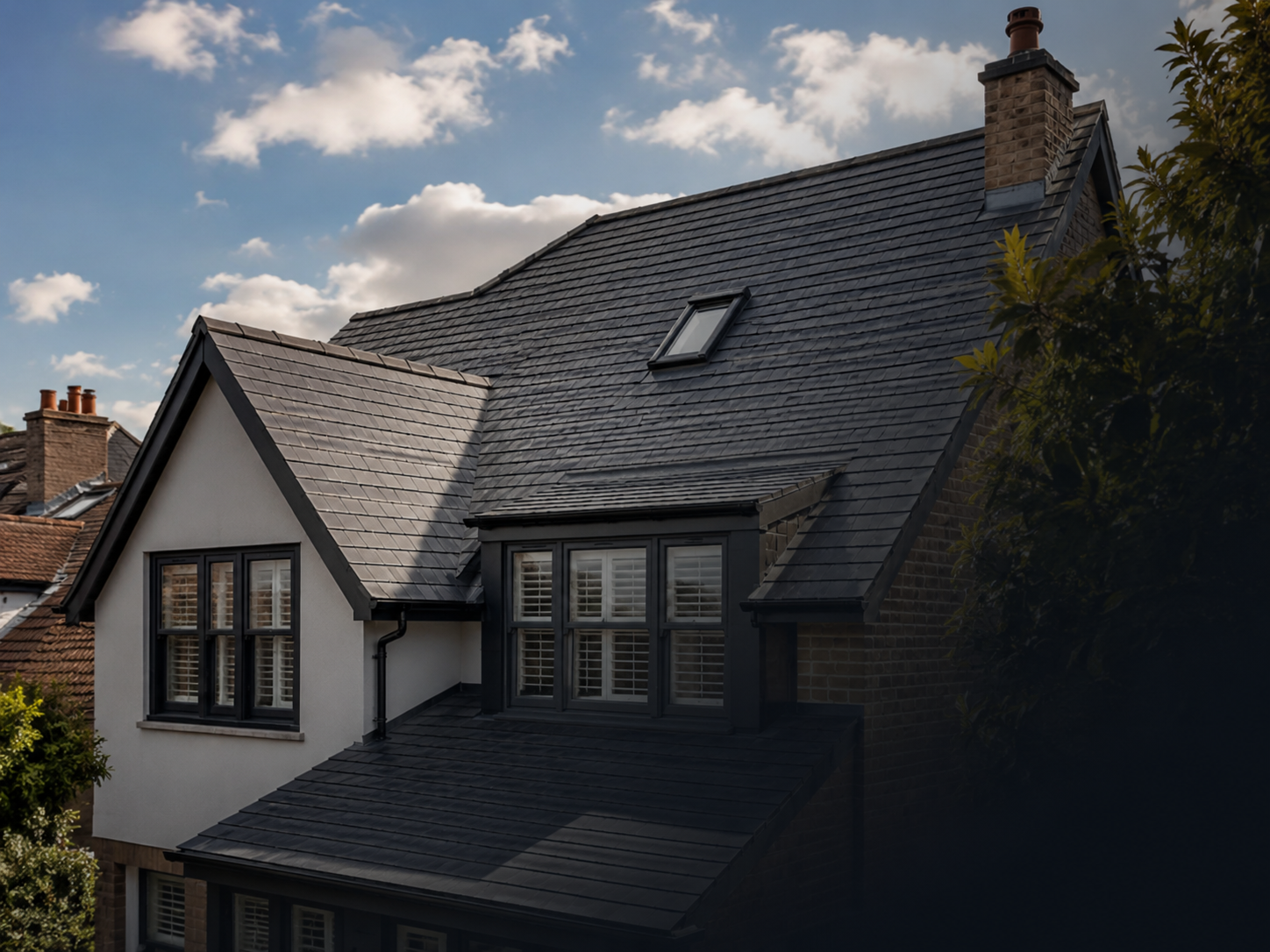 Modern home with dark slate roofing
